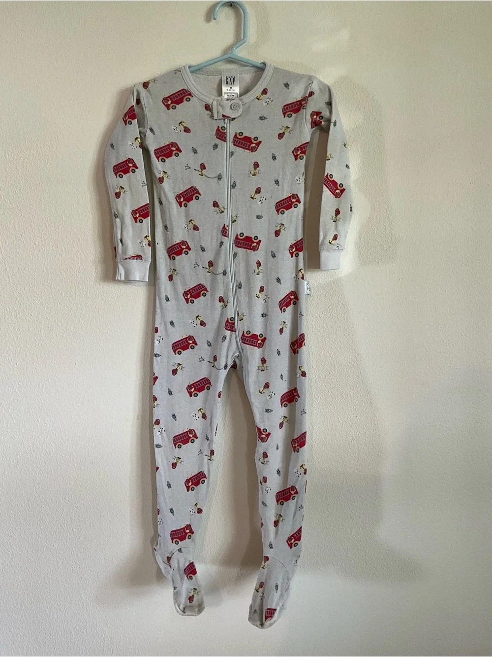 Vintage GAP Blue Gray Footed One-Piece Pajamas with Red Fire Trucks 18-24